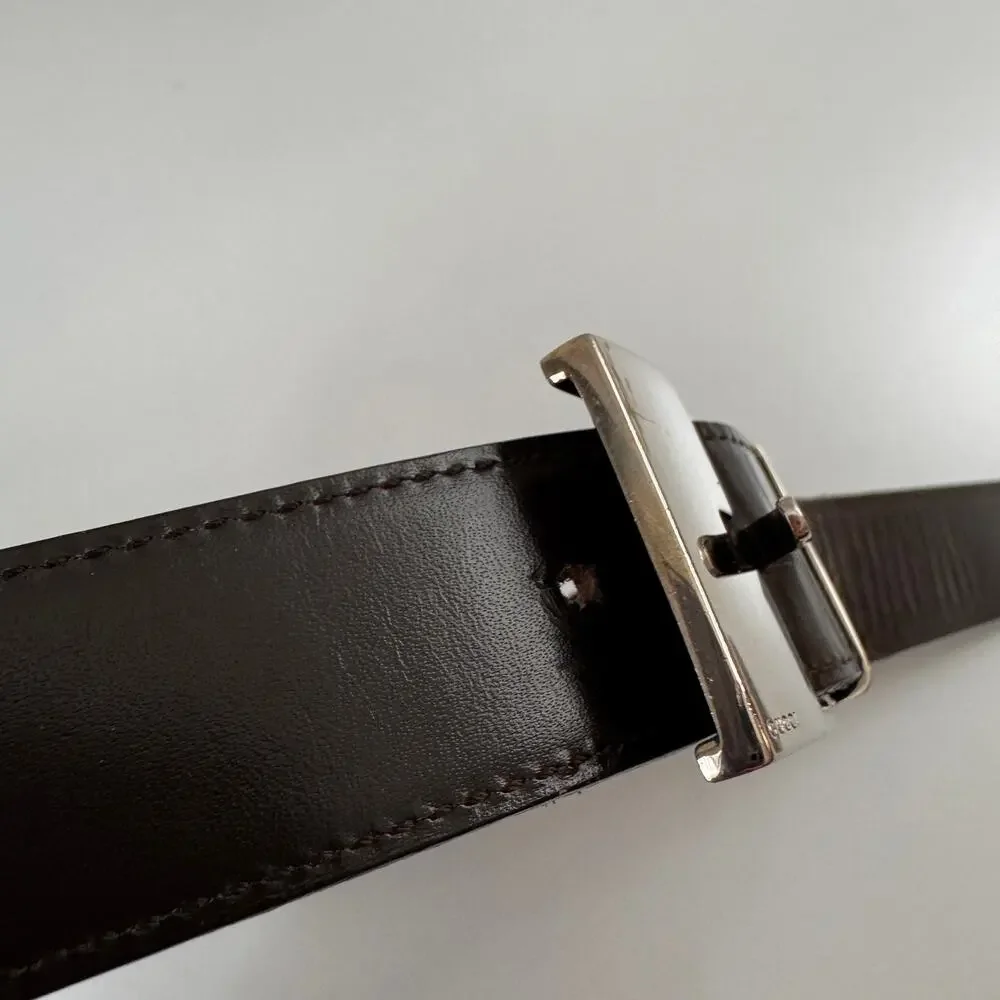GUCCI Men's Calf Belt Black Leather Nickel Silver Tone Single Tongue Buckle USED